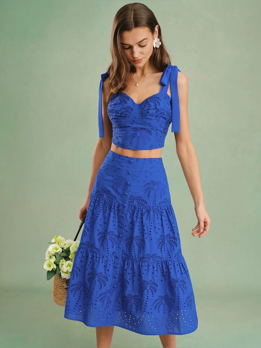 NEW MATCHING 2 PC set Eyelet Midi Skirt RIHOAS jlux banana republic naked lulus - Picture 1 of 10